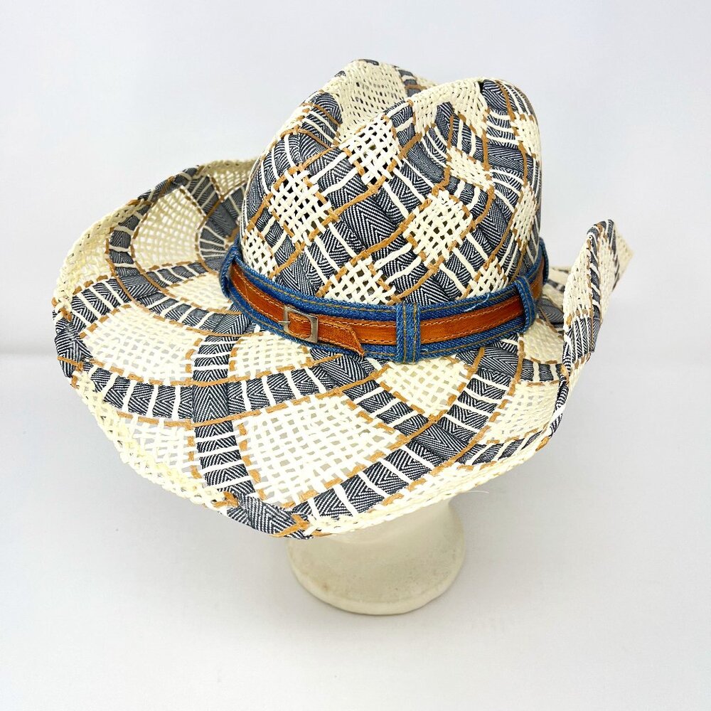 Women's Dallas Hats Western Cowboy Hat Size Small White Blue Denim Jean Buckle
